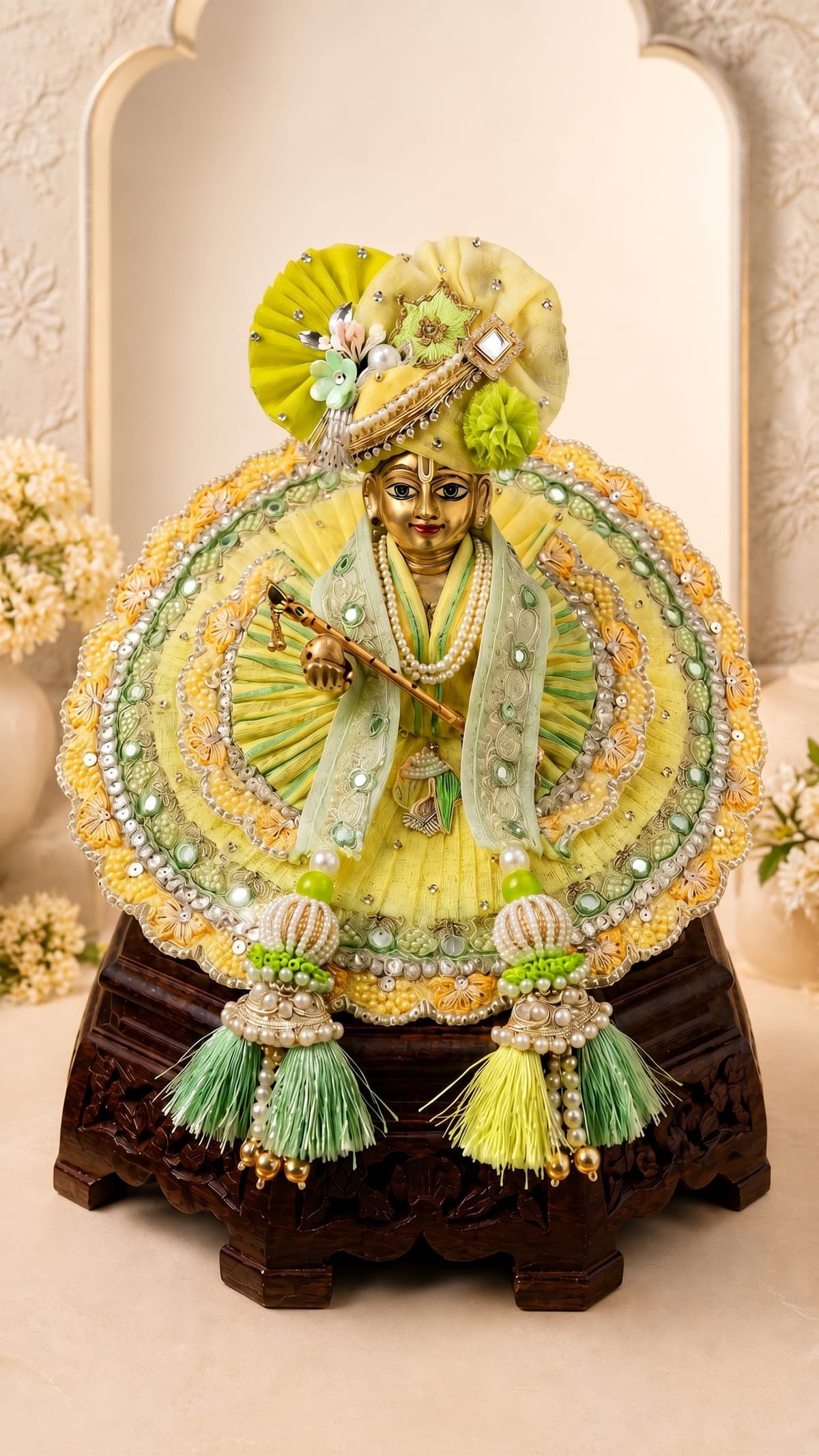 Laddu Gopal Ji wearing Pitambara Leela dress premium handcrafted yellow and green poshak with matching mukut