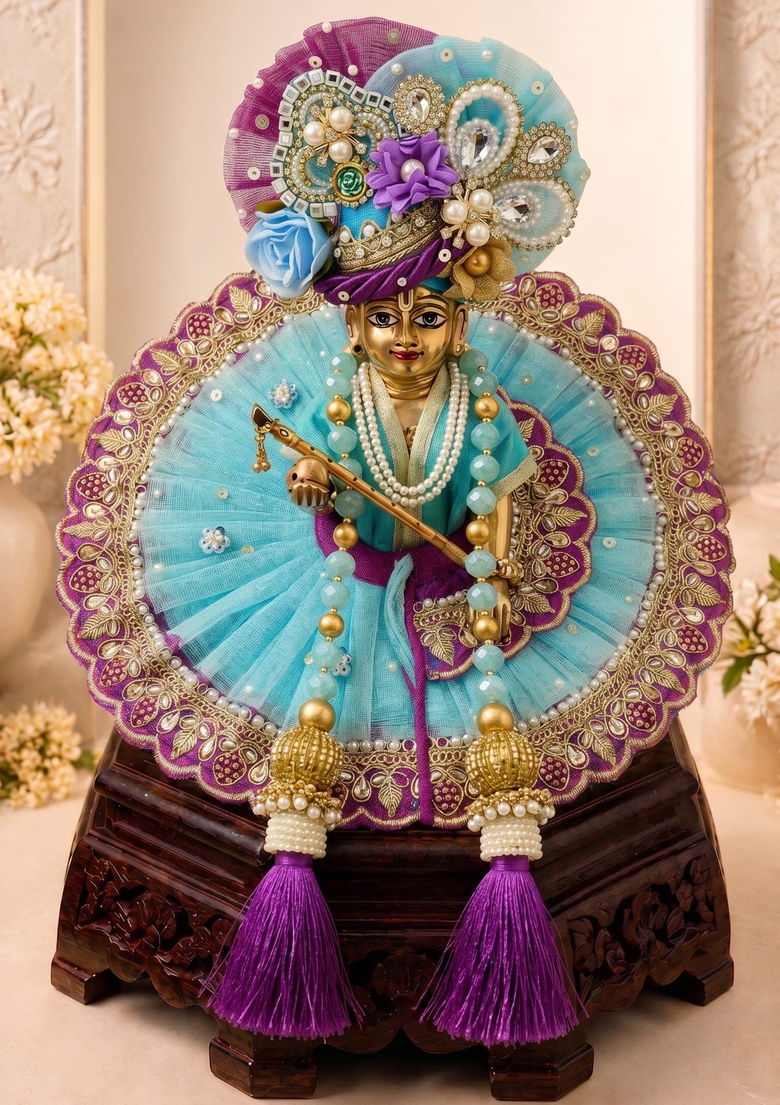 Laddu Gopal Ji wearing Pitambara Leela dress premium handcrafted yellow and green poshak with matching mukut
