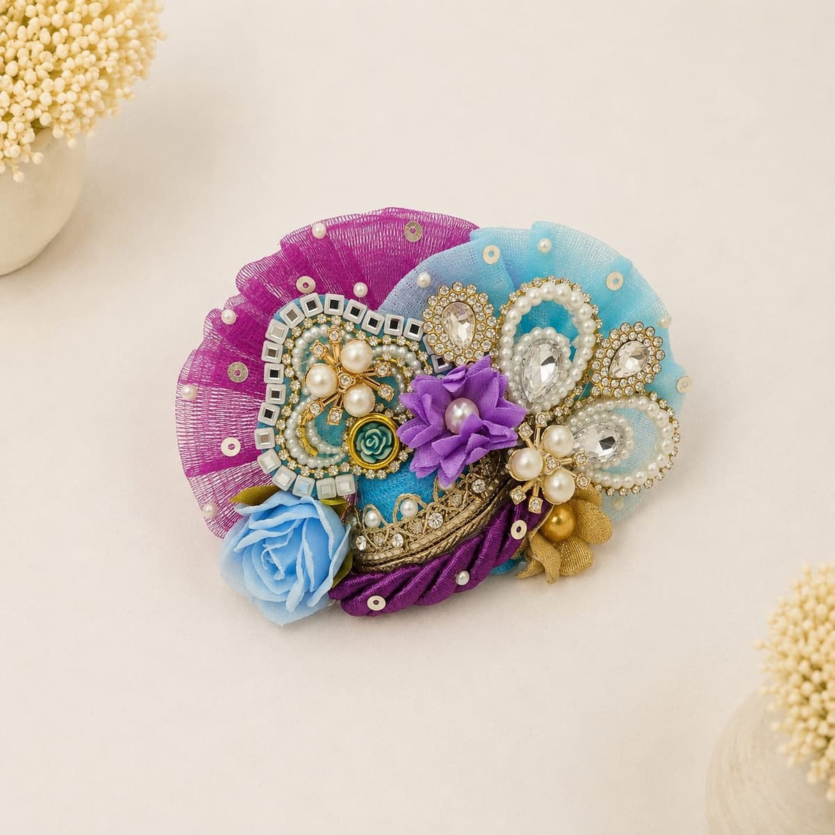 Pitambara Leela matching mukut for Laddu Gopal Ji with floral detailing and premium embellishments
