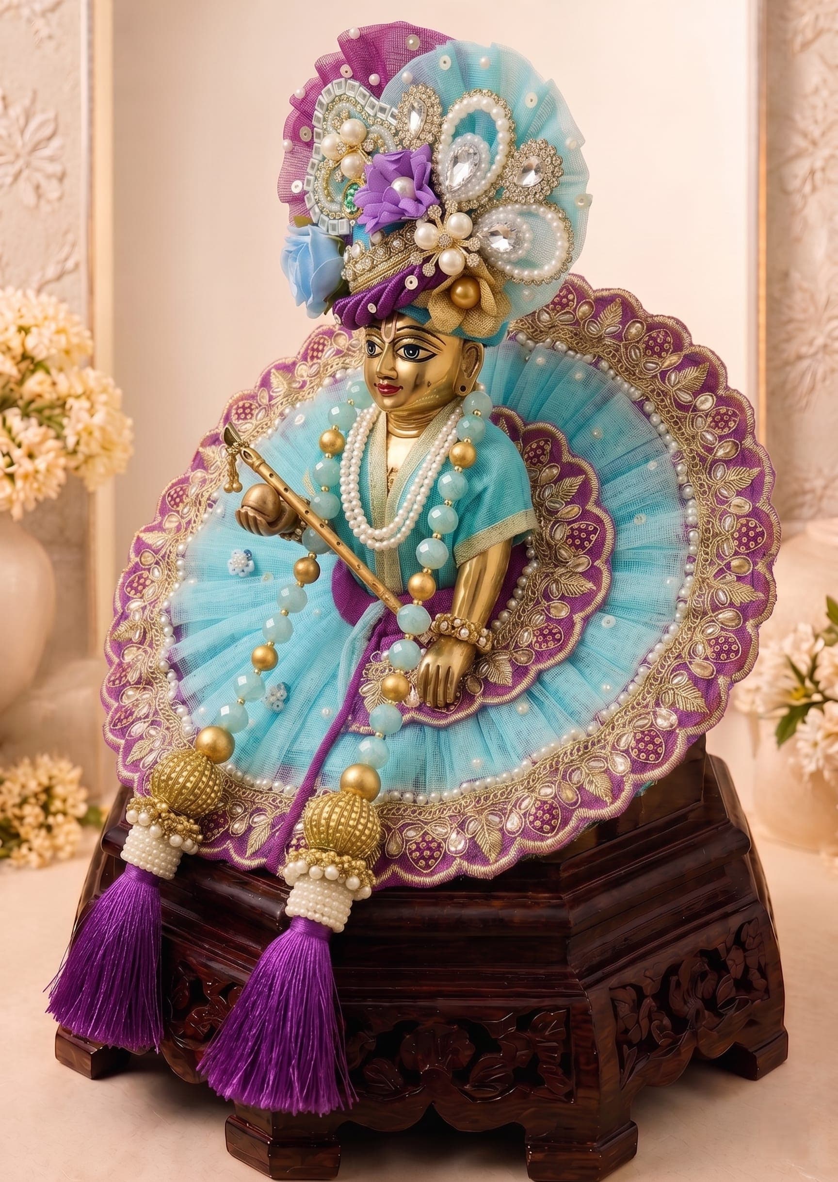 Right view of Pitambara Leela dress handmade Laddu Gopal Ji dress showing circular handcrafted design