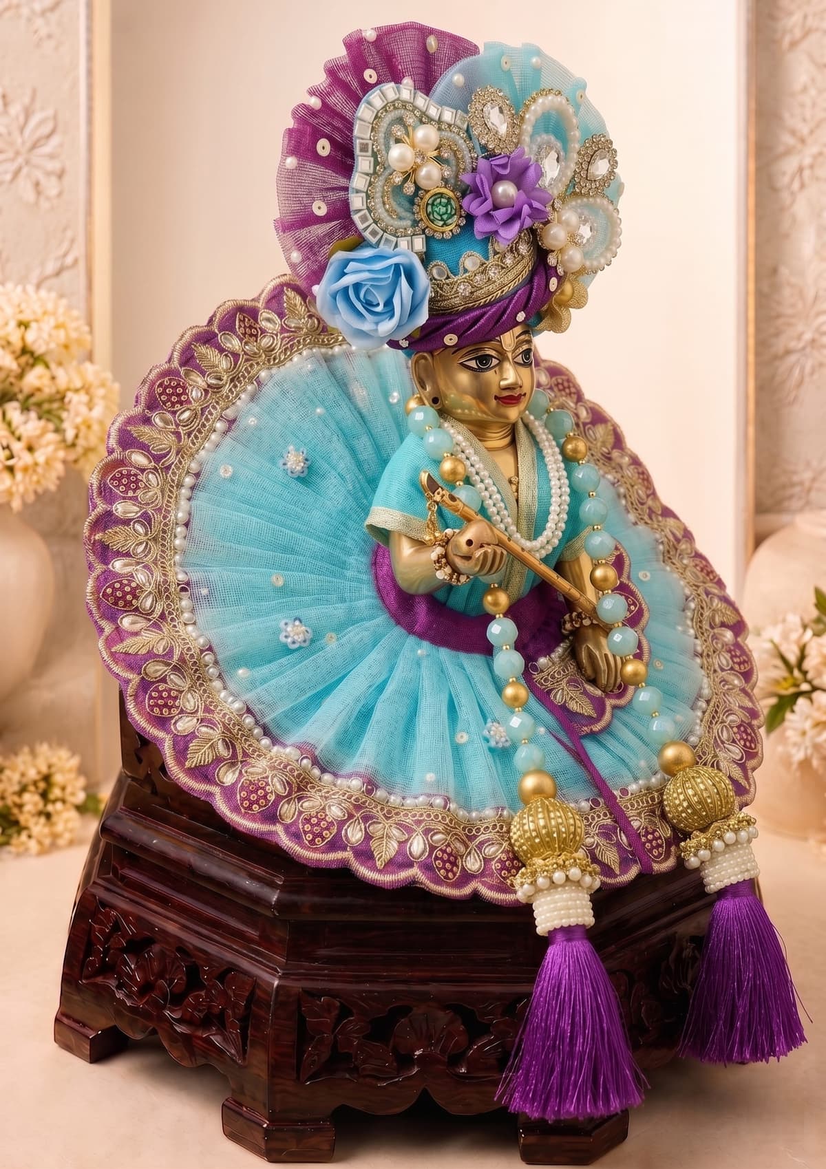 Front view of Pitambara Leela dress premium Laddu Gopal Ji poshak with intricate hand embroidery and embellishments