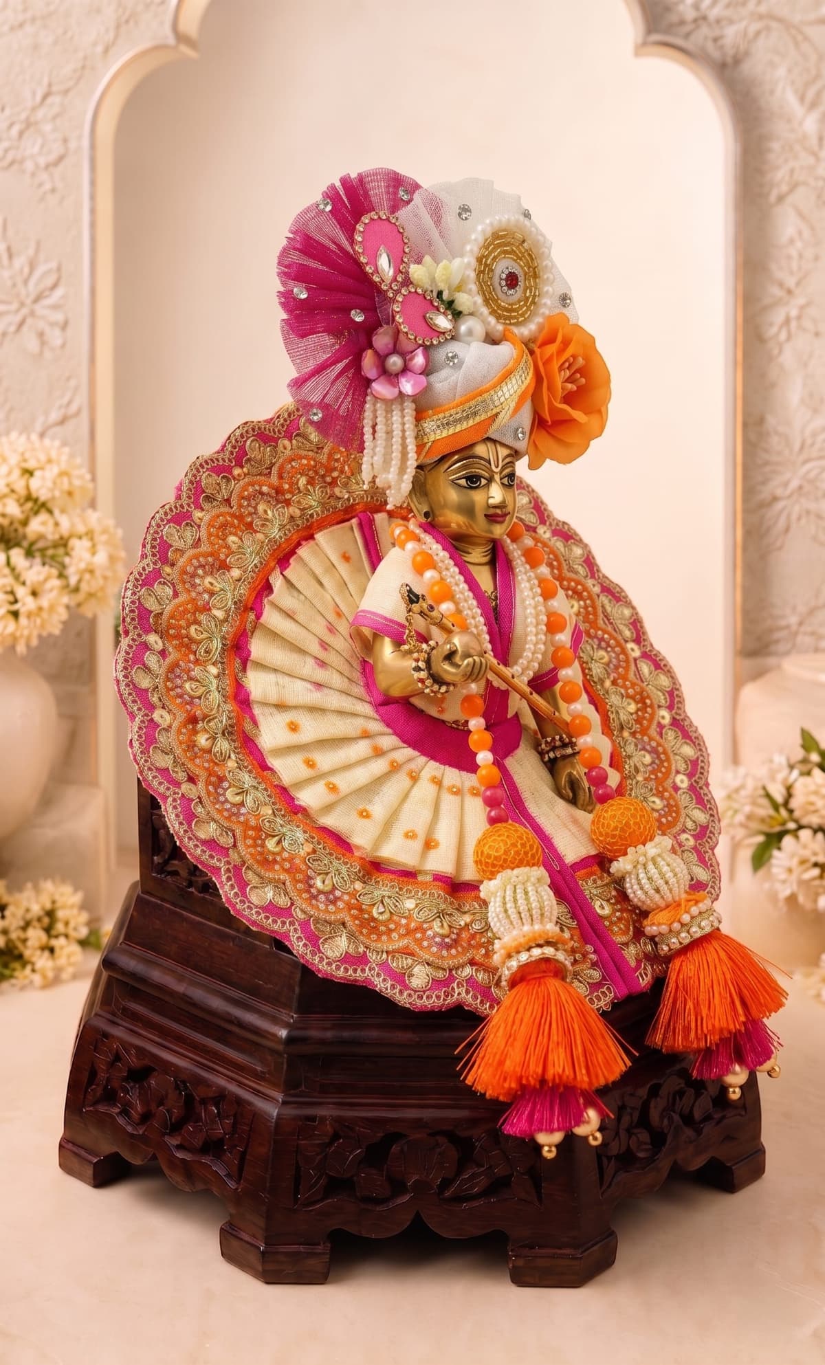 Side view of Kesar Pushpa Set premium Laddu Gopal poshak showcasing handcrafted embroidery, floral shringar elements and festive detailing