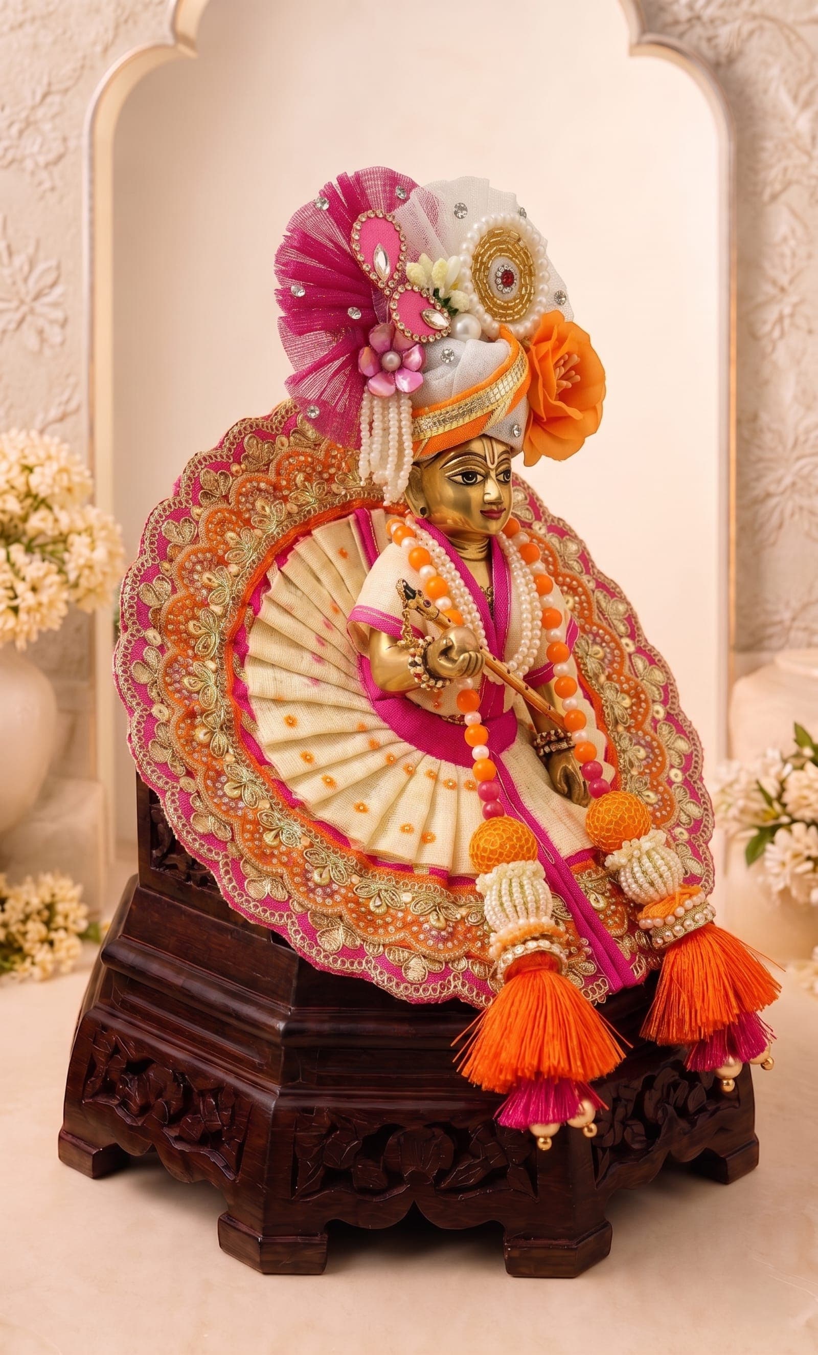 Side view of Kesar Pushpa Set premium Laddu Gopal poshak showcasing handcrafted embroidery, floral shringar elements and festive detailing