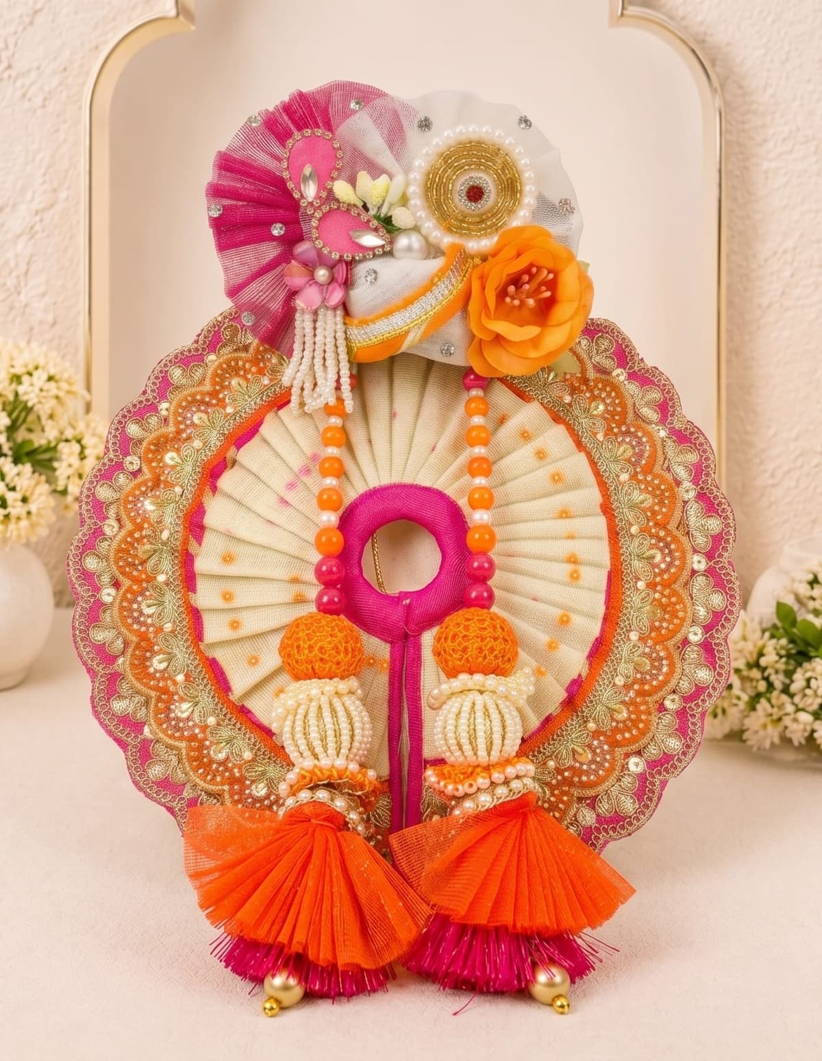 Complete Kesar Pushpa Set for Laddu Gopal Ji including handcrafted dress, matching mukut and decorative accessories for divine shringar
