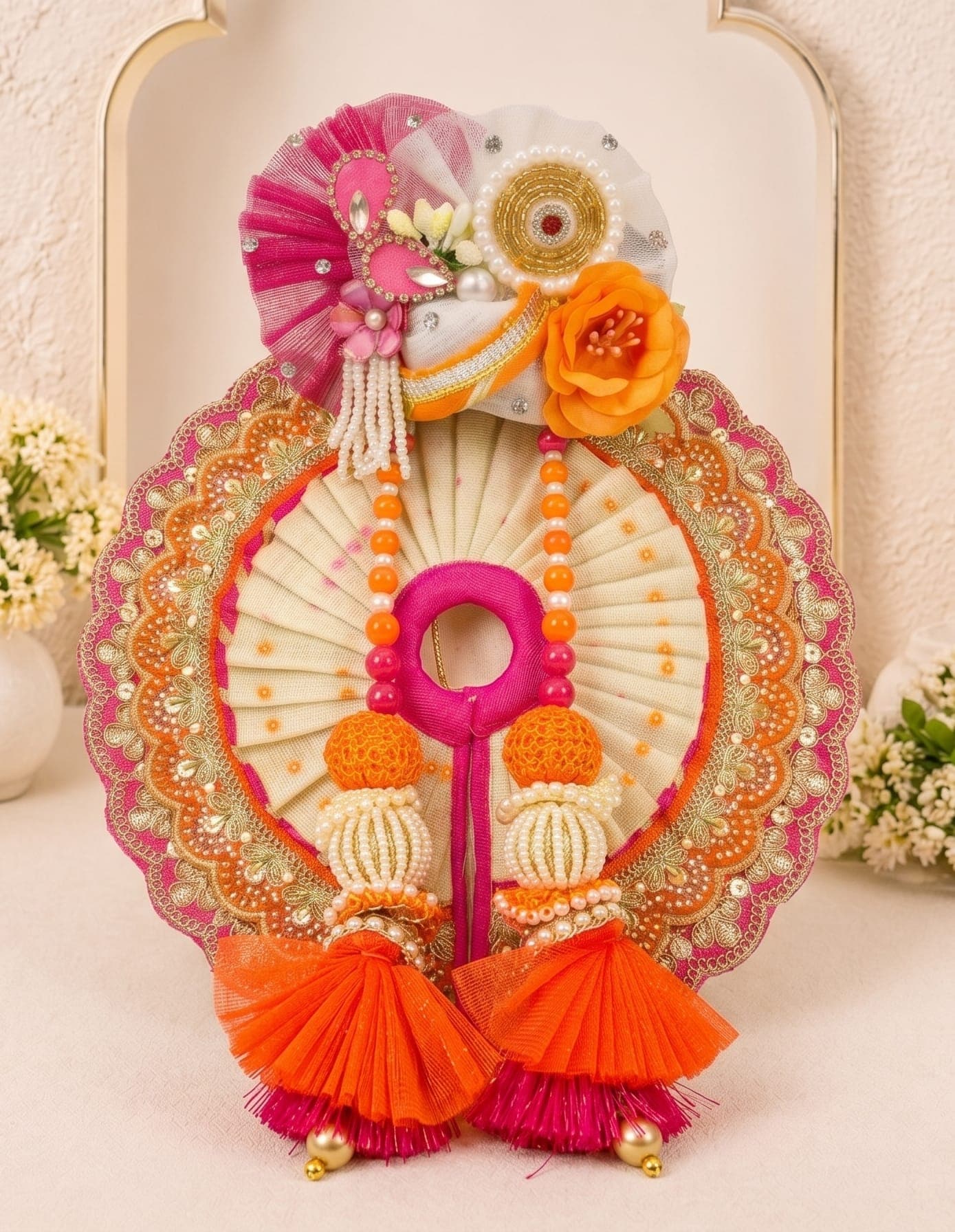 Complete Kesar Pushpa Set for Laddu Gopal Ji including handcrafted dress, matching mukut and decorative accessories for divine shringar