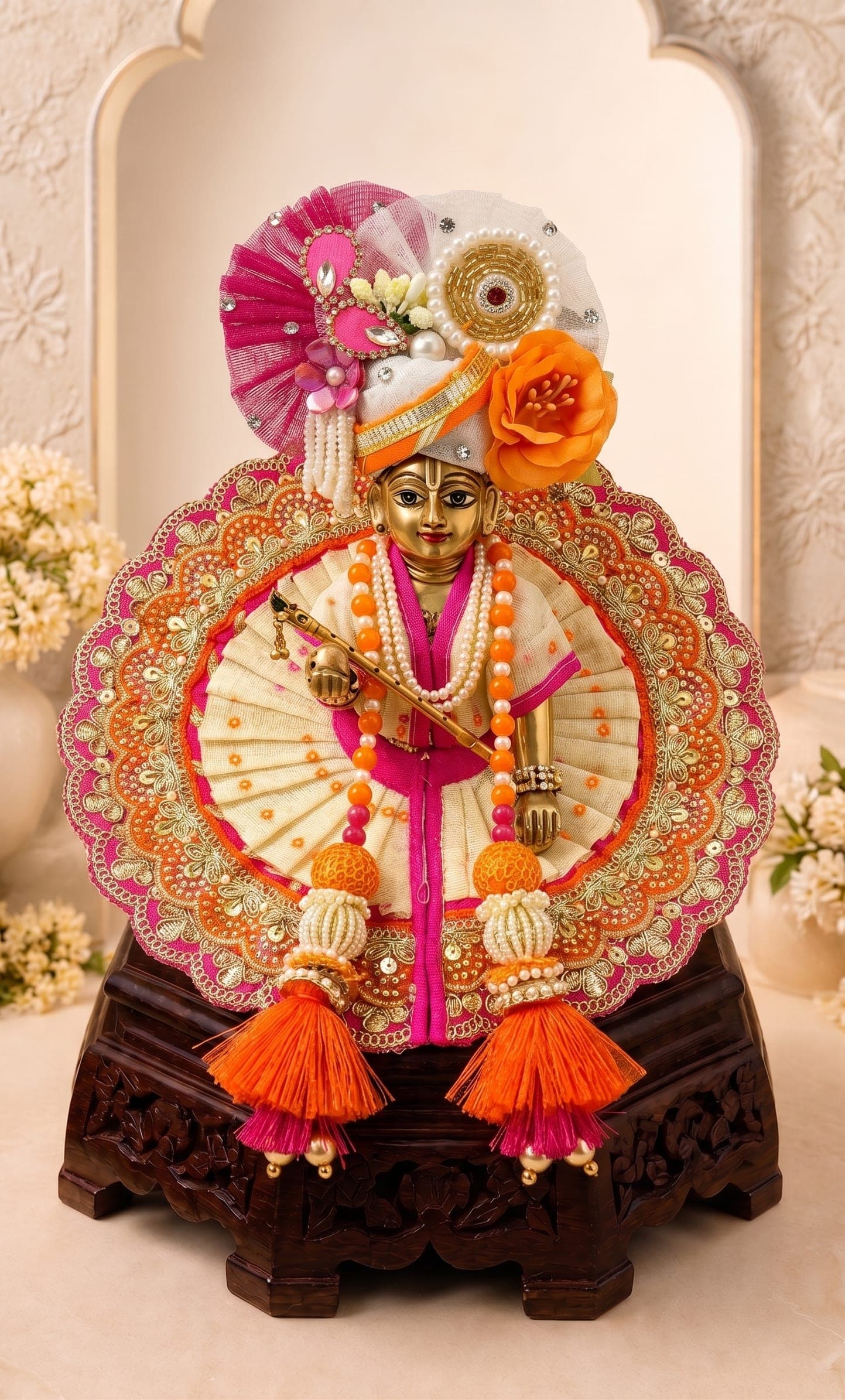 Laddu Gopal Ji wearing Kesar Pushpa Set premium handcrafted ivory, kesar orange and rani pink poshak with matching designer mukut