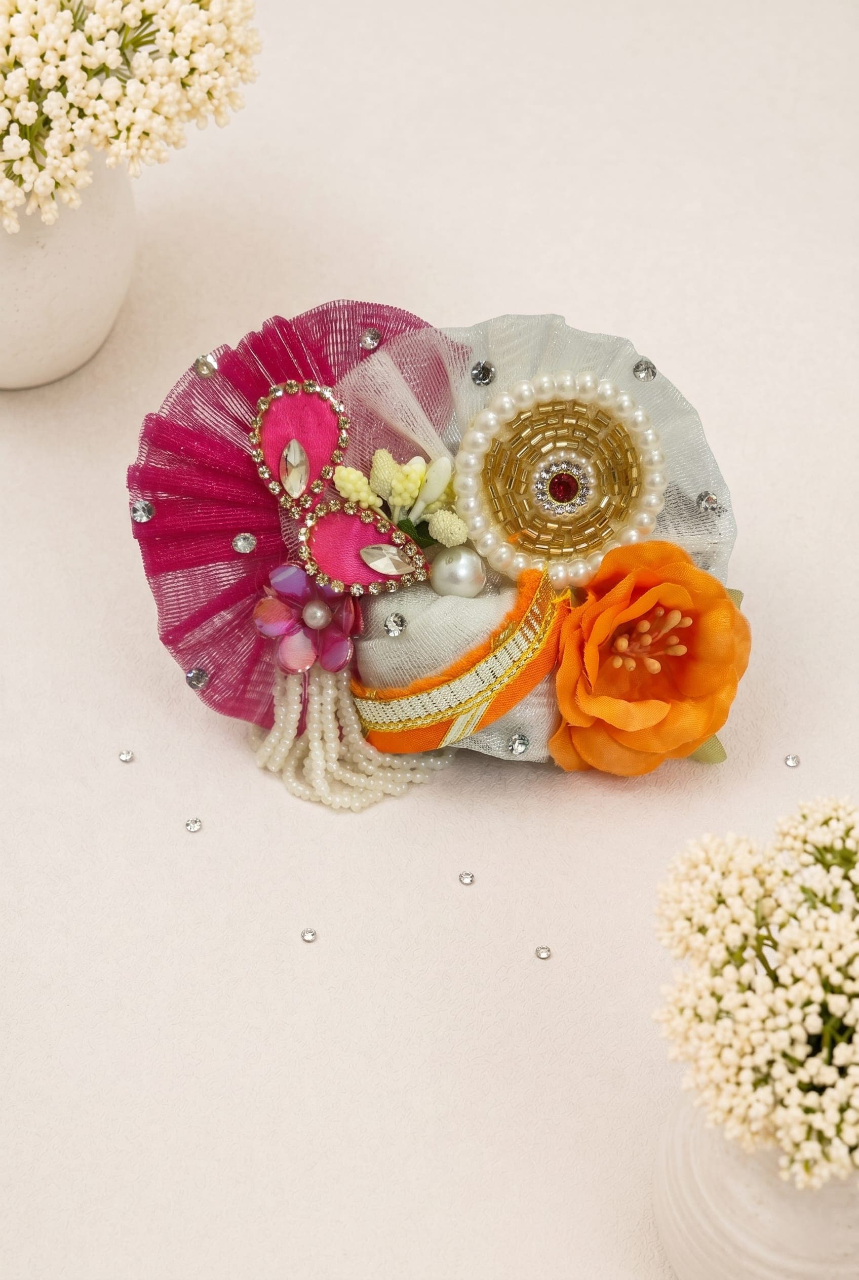 Designer mukut from Kesar Pushpa Set featuring floral detailing, pearl work, kesar orange accents and handcrafted embellishments for Laddu Gopal Ji