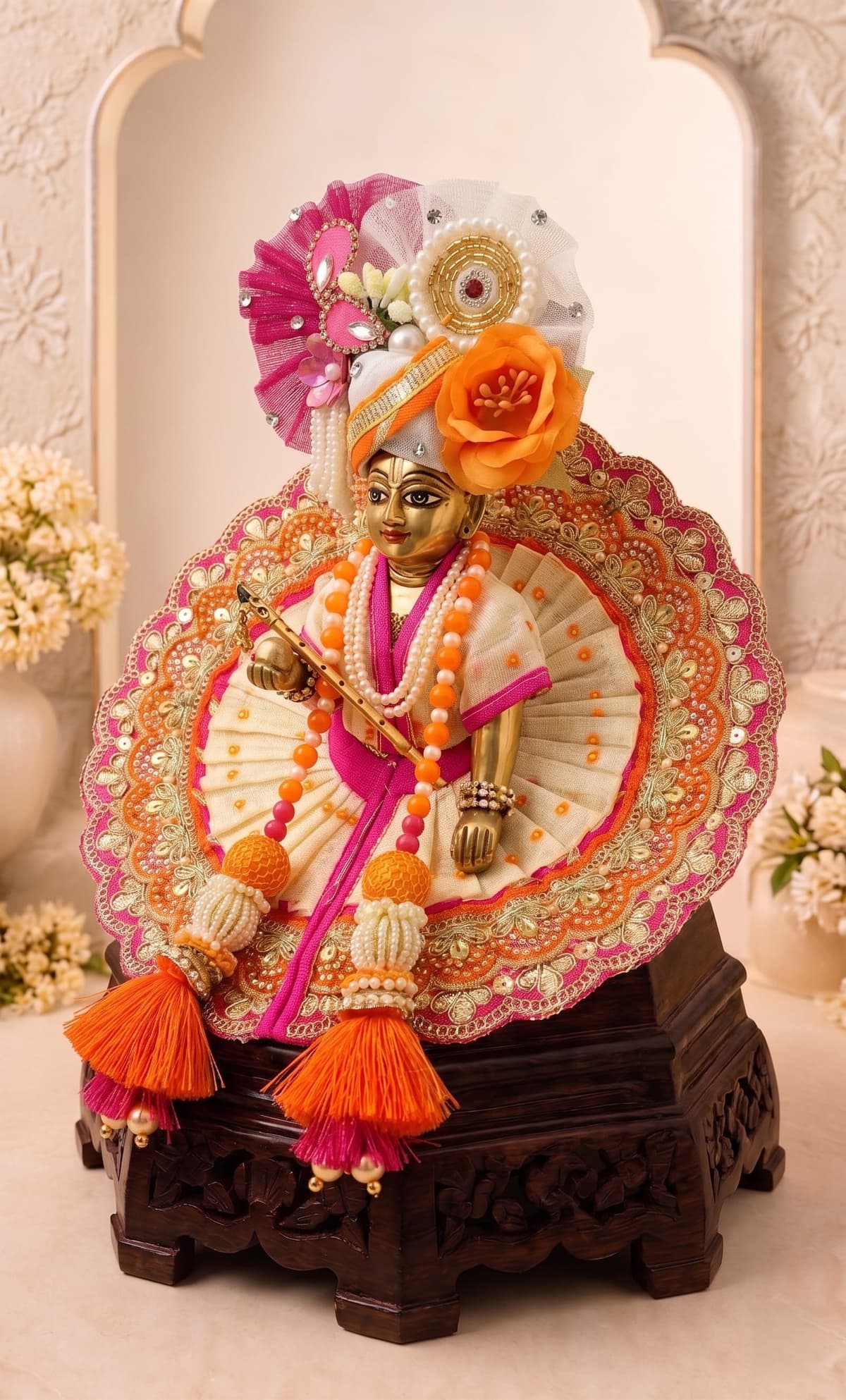 Front view of Kesar Pushpa Set handcrafted Laddu Gopal Ji dress featuring ivory fabric, kesariya orange accents, floral detailing and pearl embellishments