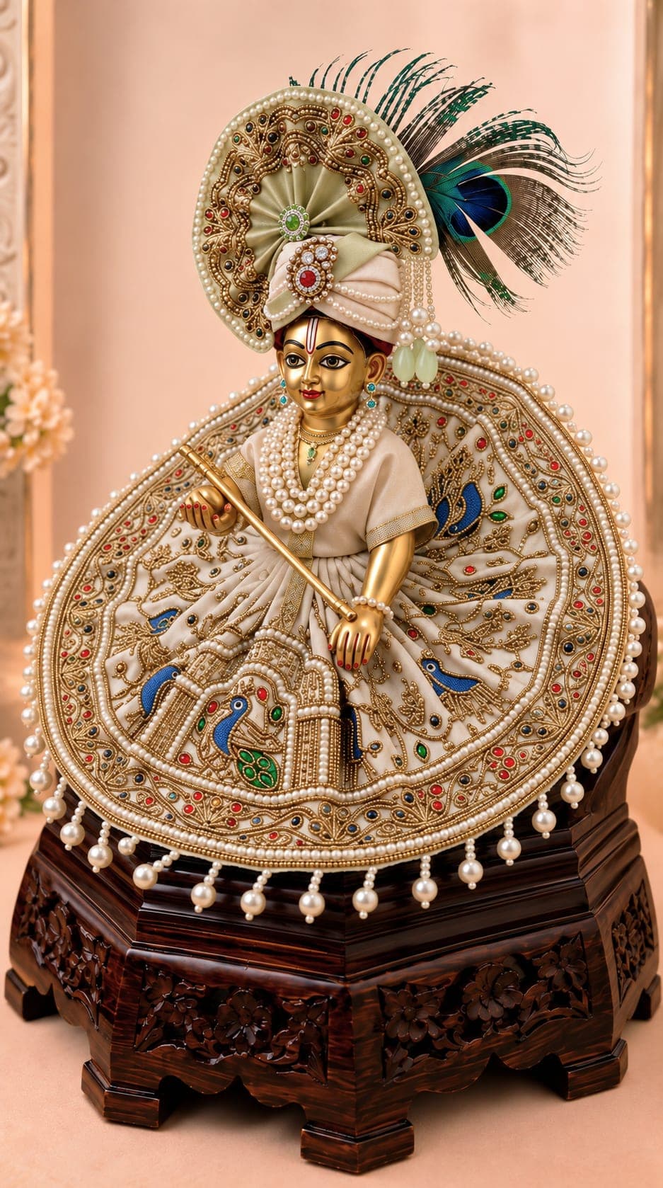Side view of Kunja Shobha Set Laddu Gopal Ji dress featuring elegant ivory fabric, antique-gold embroidery, peacock-inspired detailing, pearl embellishments and designer mukut
