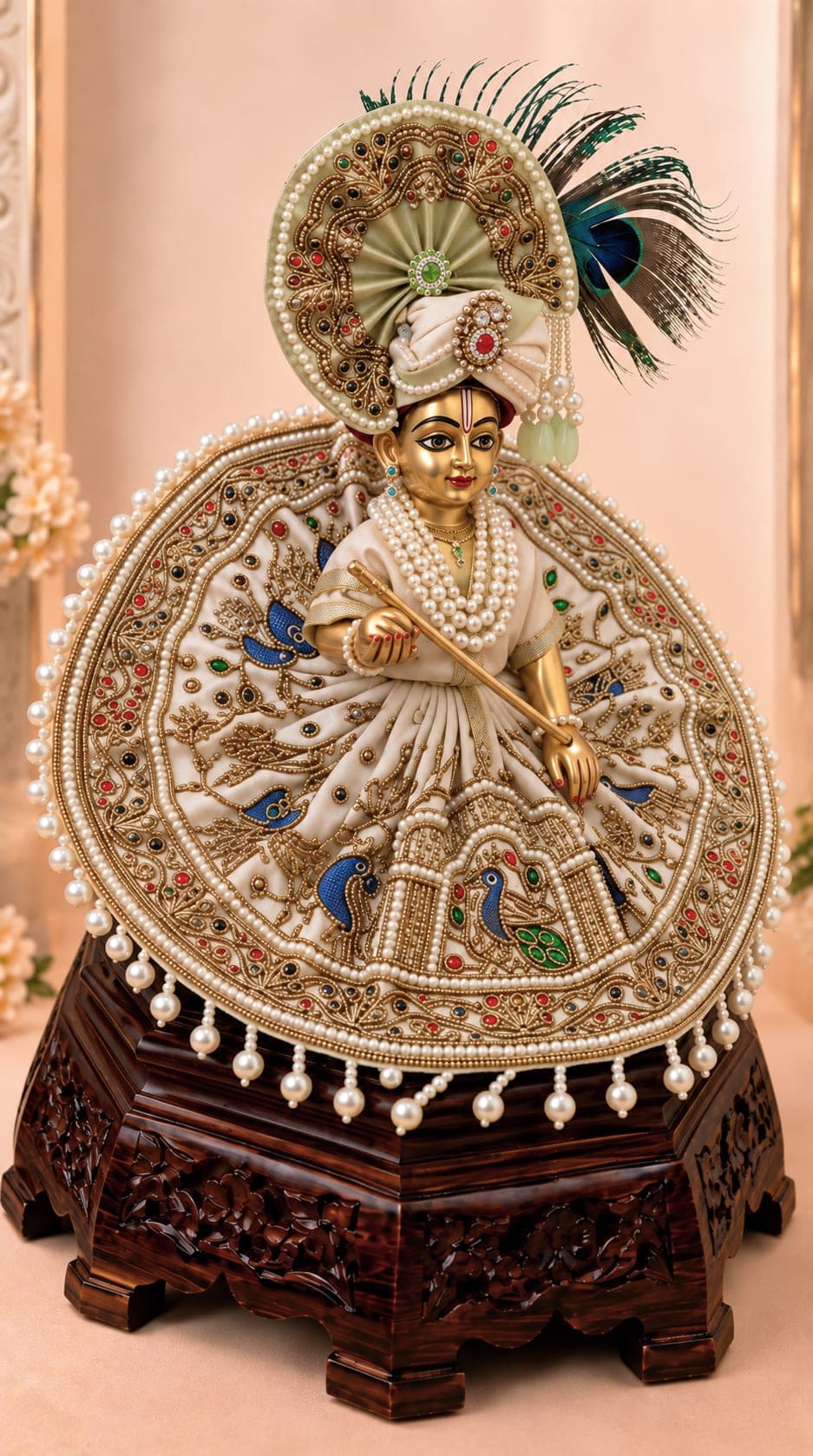 Side view of Kunja Shobha Set premium Laddu Gopal poshak showcasing ivory fabric, intricate gold embroidery, pearl borders, floral motifs and peacock detailing