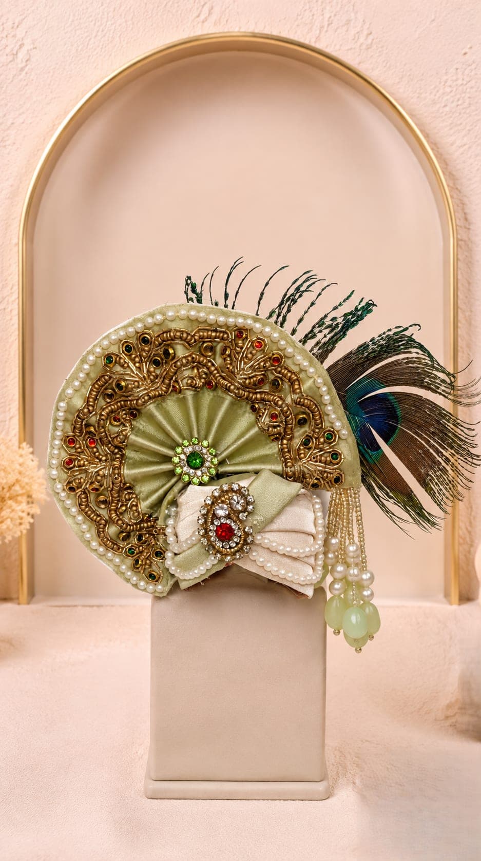 Kunja Shobha Set Laddu Gopal Ji poshak featuring an ivory circular flare, intricate gold embroidered floral motifs, peacock detailing and pearl embellishments