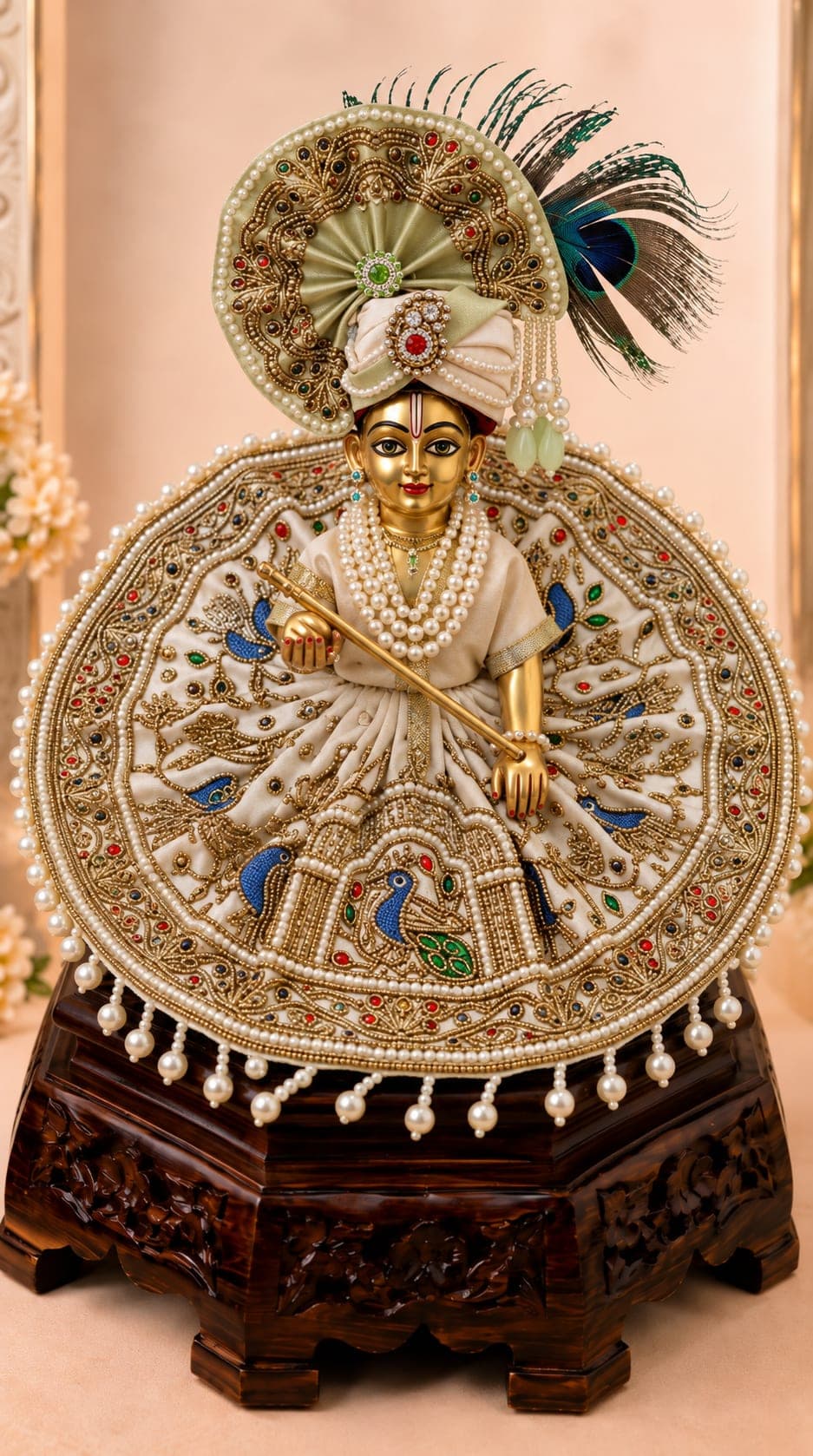 Front view of Laddu Gopal Ji wearing the Kunja Shobha Set, a premium ivory and antique-gold designer poshak with intricate embroidery, peacock detailing, pearl embellishments and matching mukut