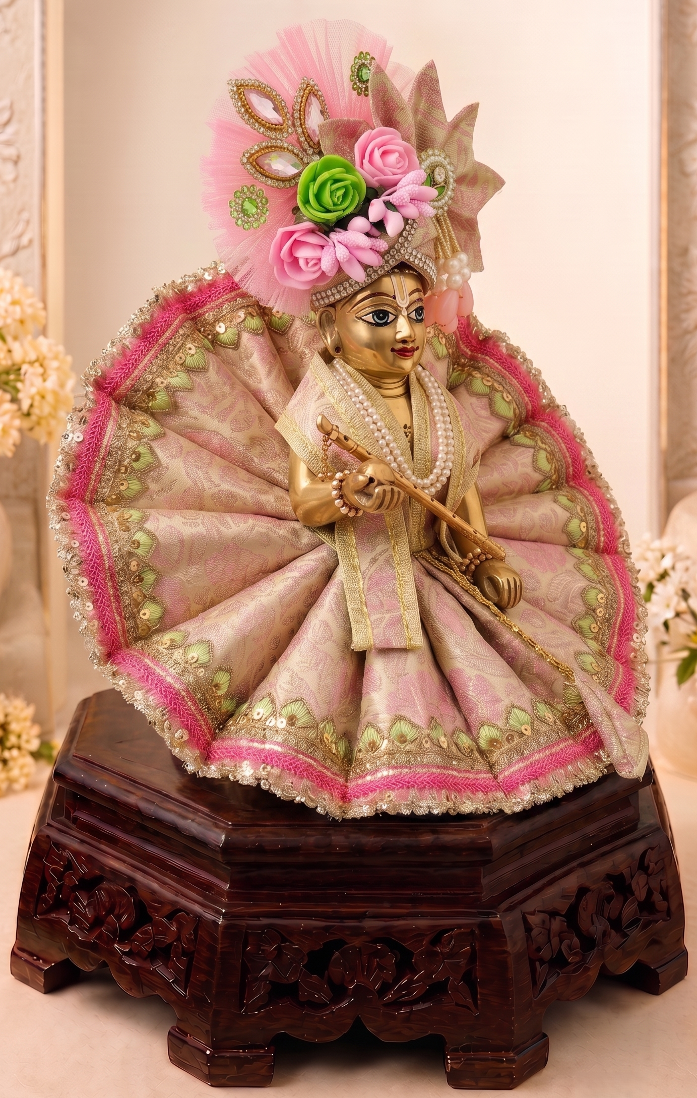 Front view of Vrinda Madhuri Set handcrafted Laddu Gopal dress featuring pastel pink brocade fabric, floral mukut, pearl jewelry and circular designer poshak