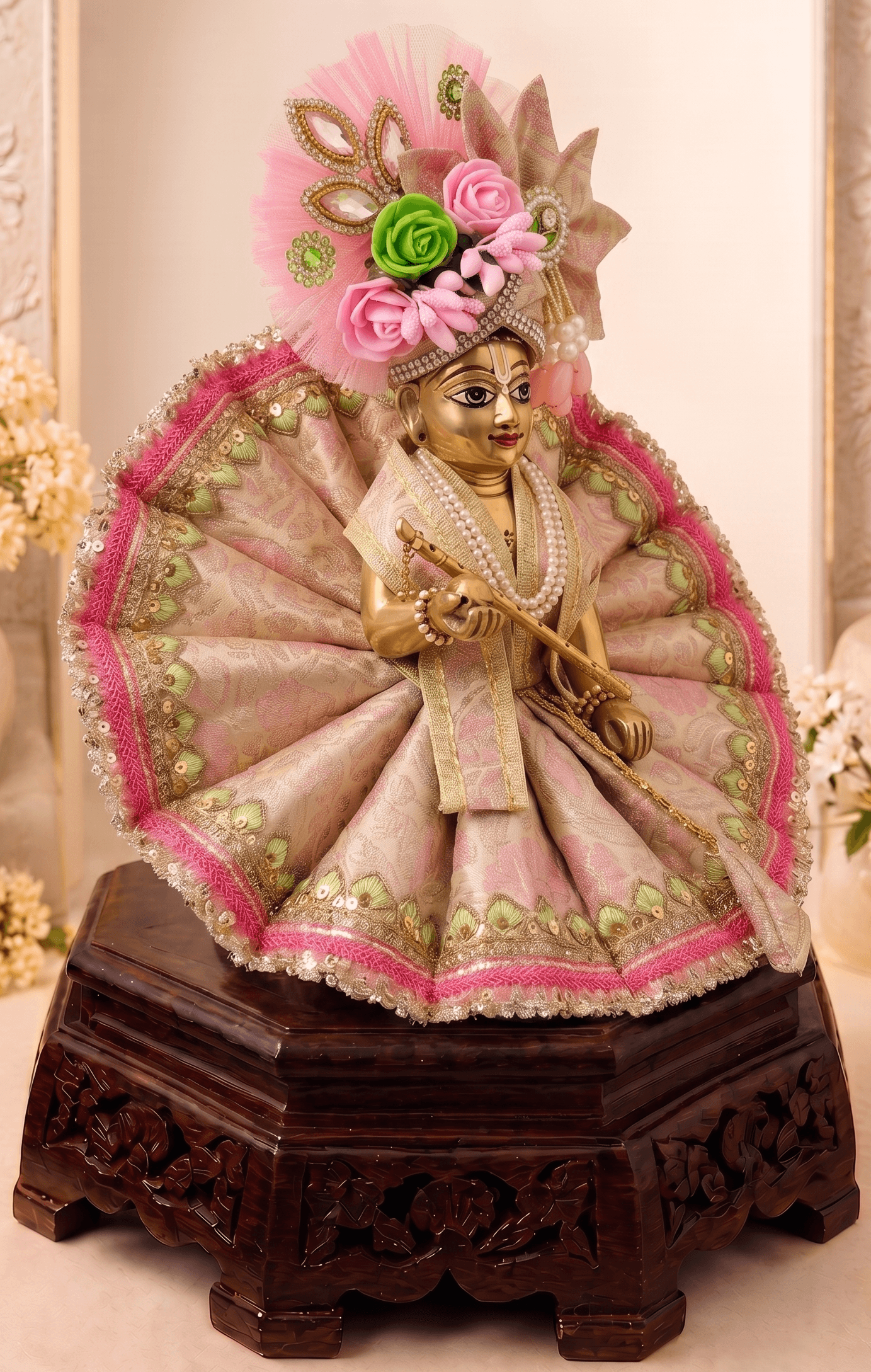 Front view of Vrinda Madhuri Set handcrafted Laddu Gopal dress featuring pastel pink brocade fabric, floral mukut, pearl jewelry and circular designer poshak