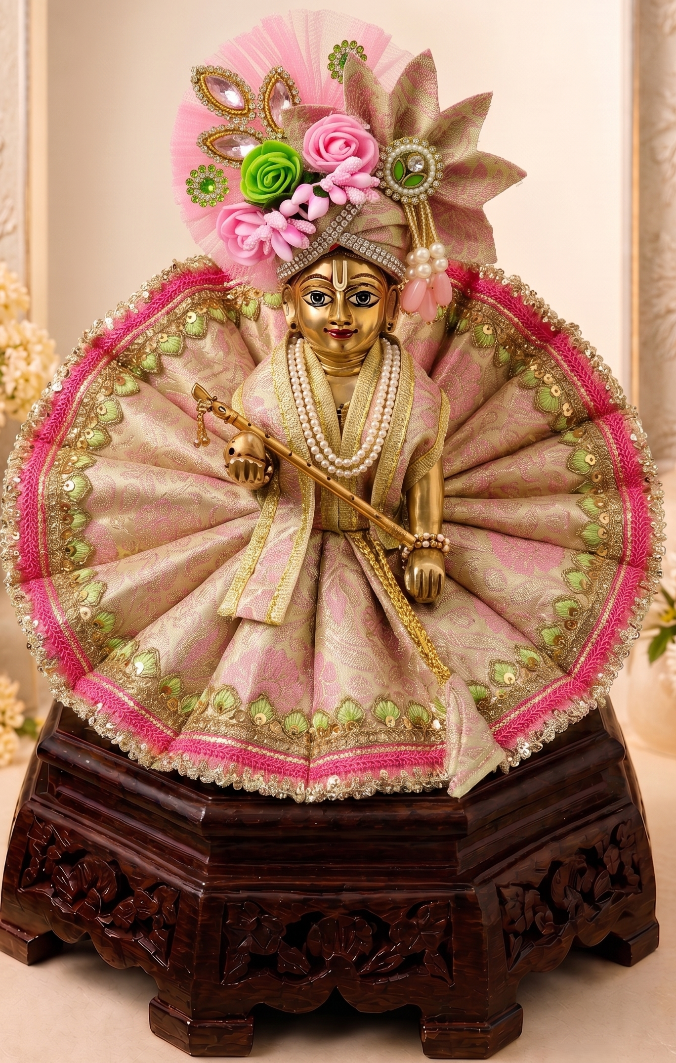 Laddu Gopal Ji wearing Vrinda Madhuri Set premium handcrafted pastel pink and gold designer dress with matching floral mukut for Janmashtami shringar