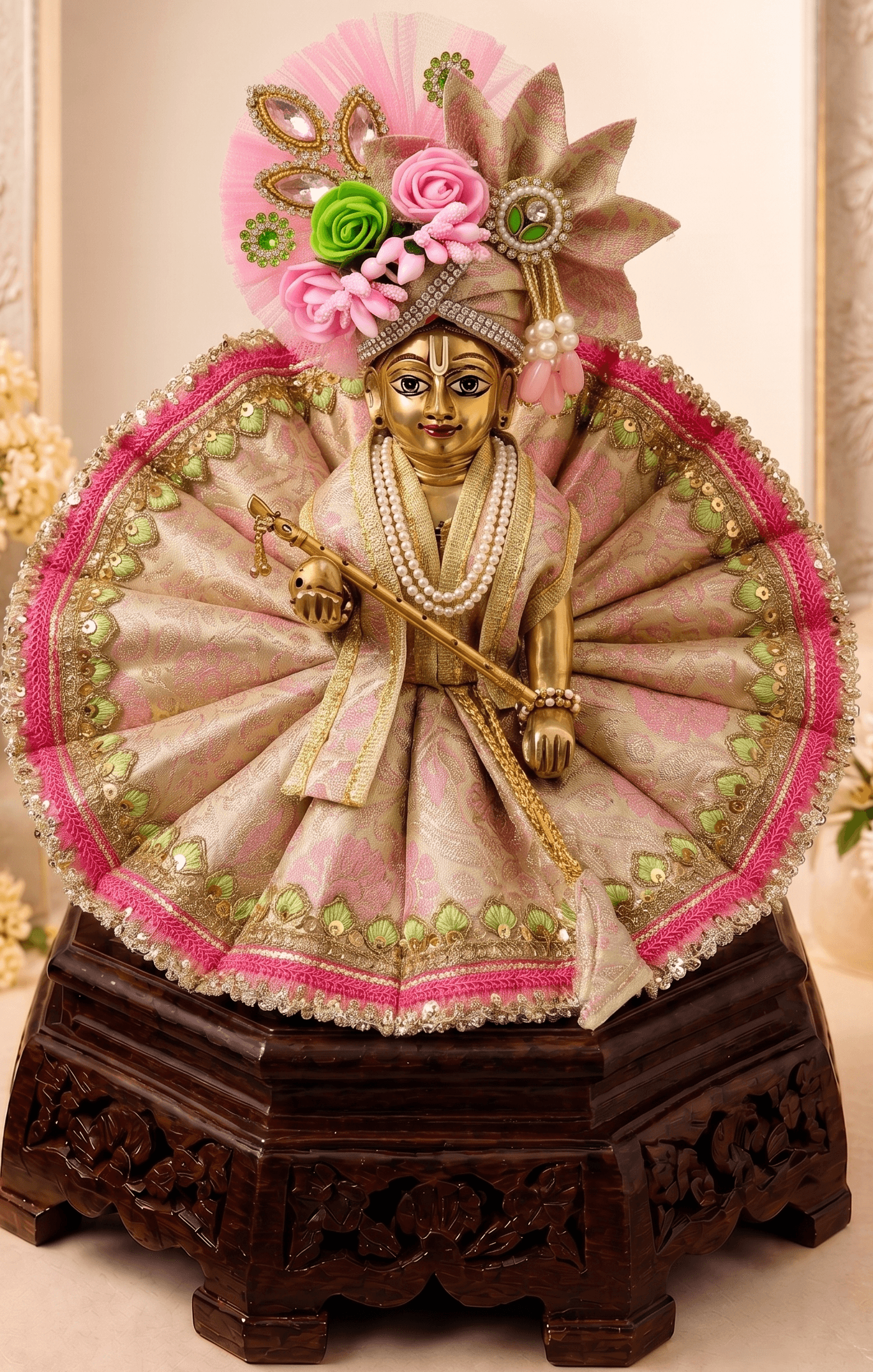 Laddu Gopal Ji wearing Vrinda Madhuri Set premium handcrafted pastel pink and gold designer dress with matching floral mukut for Janmashtami shringar
