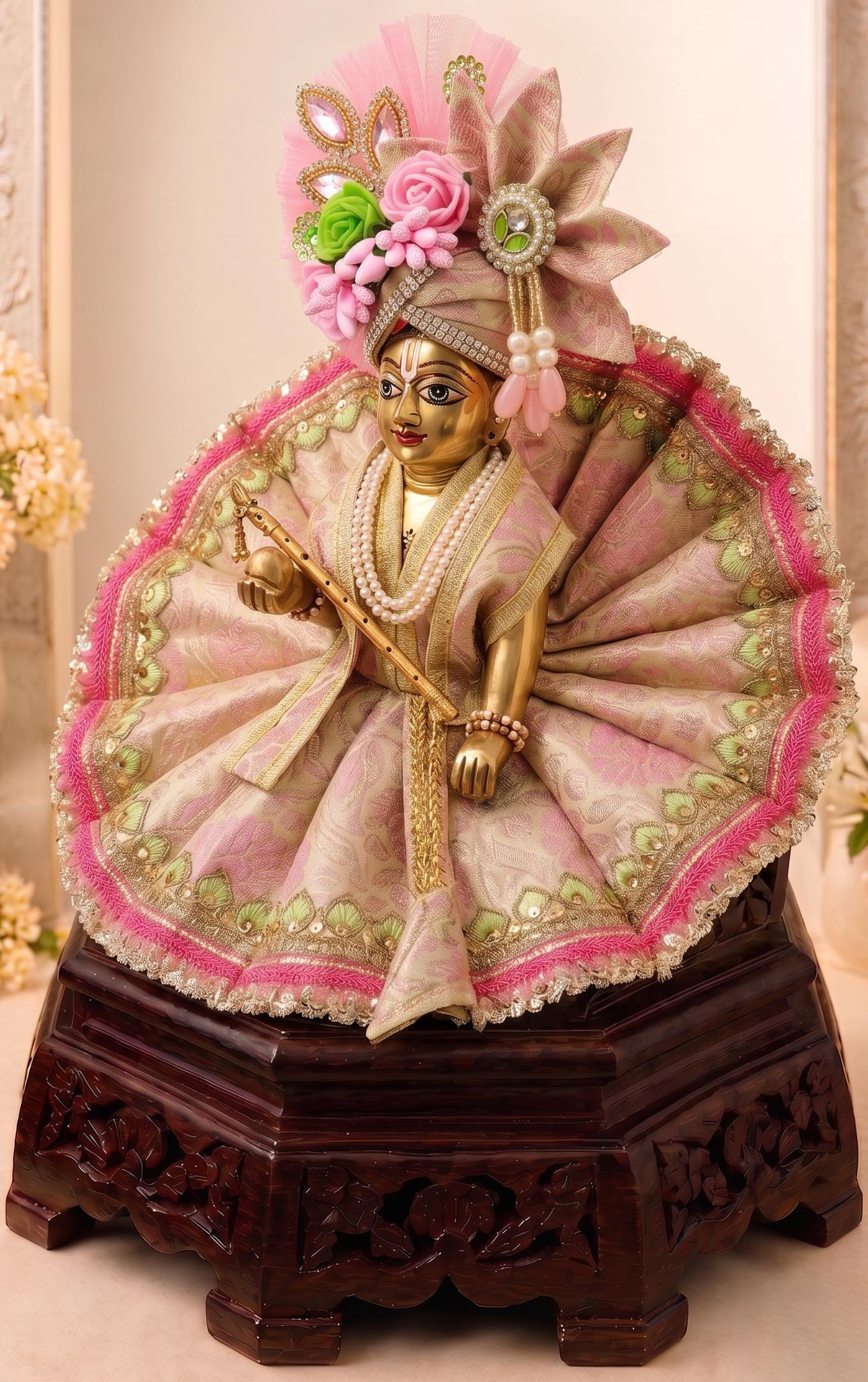 Side view of Vrinda Madhuri Set premium Laddu Gopal poshak showcasing handcrafted floral mukut, pearl detailing and luxurious circular dress