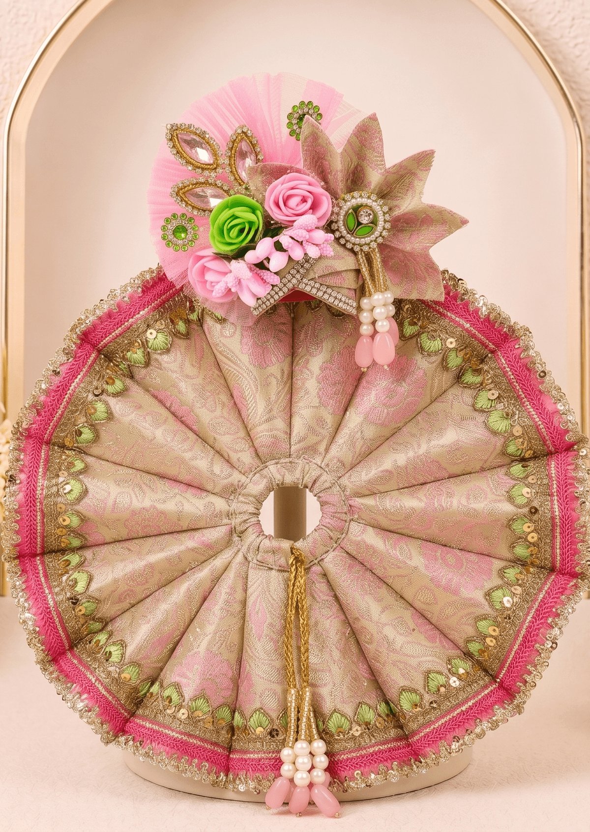 Back view of Vrinda Madhuri Set handcrafted circular Laddu Gopal dress with matching floral mukut and premium festive Janmashtami shringar design