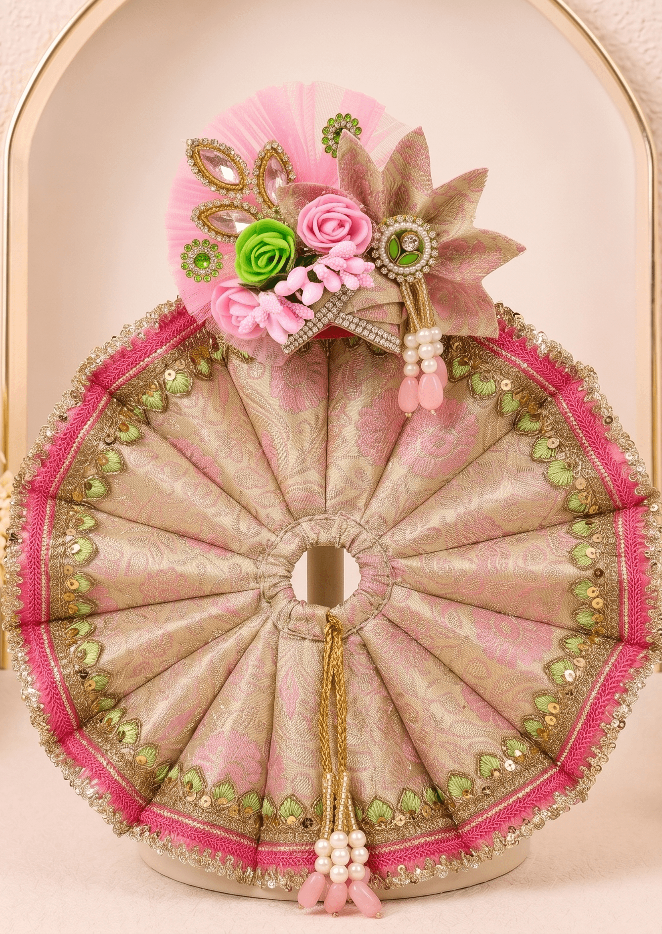 Back view of Vrinda Madhuri Set handcrafted circular Laddu Gopal dress with matching floral mukut and premium festive Janmashtami shringar design