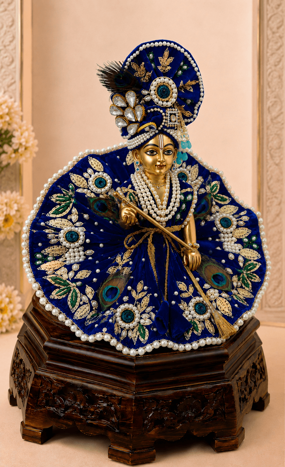 Side view of Neelambar Set premium Laddu Gopal poshak showcasing royal blue velvet-style fabric, floral gold embroidery, pearl borders and peacock feather detailing