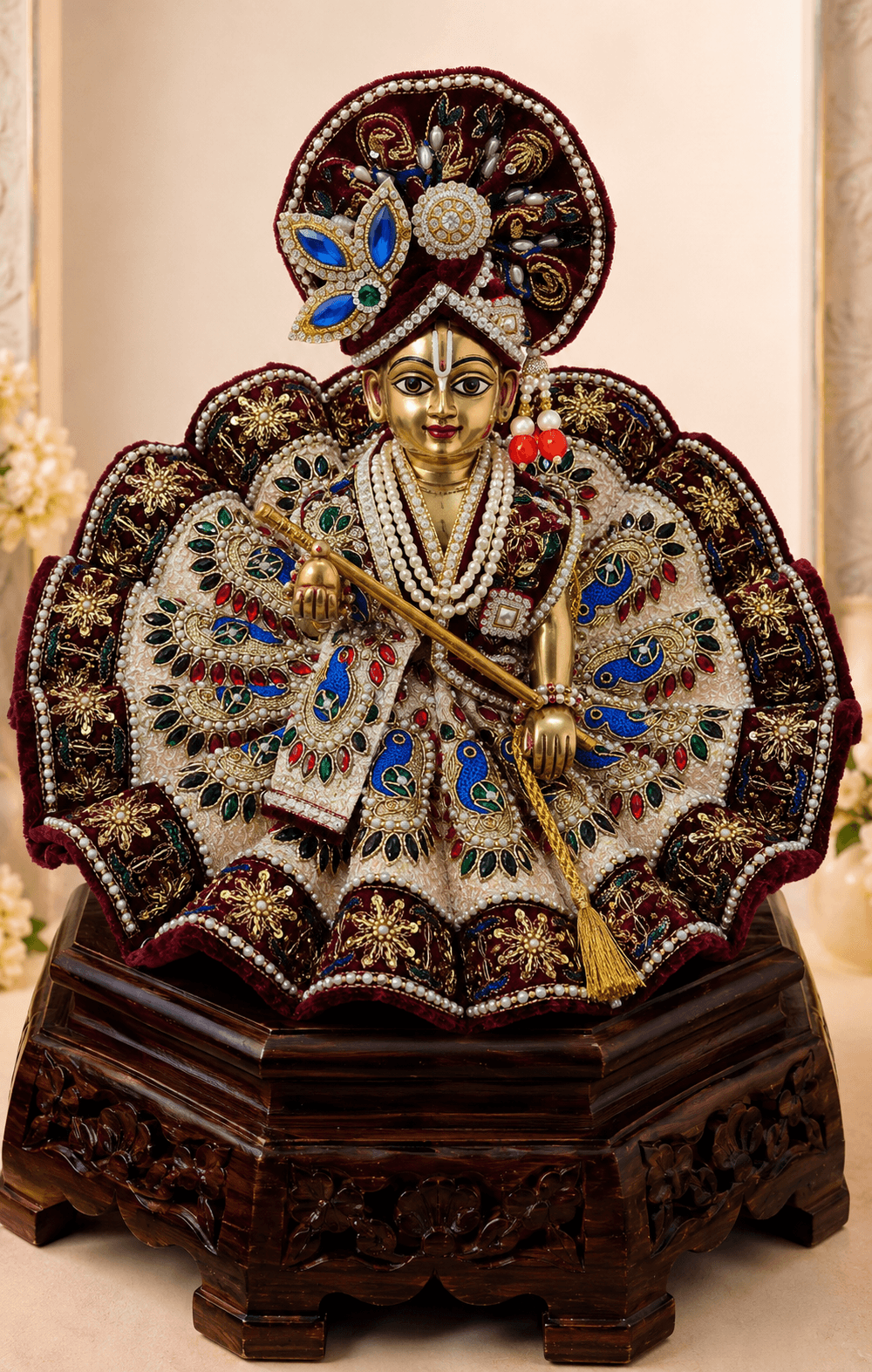 Front view of Laddu Gopal Ji wearing the Rajsi Shyam Set, a premium burgundy and ivory designer poshak with peacock embroidery, pearl detailing and matching mukut