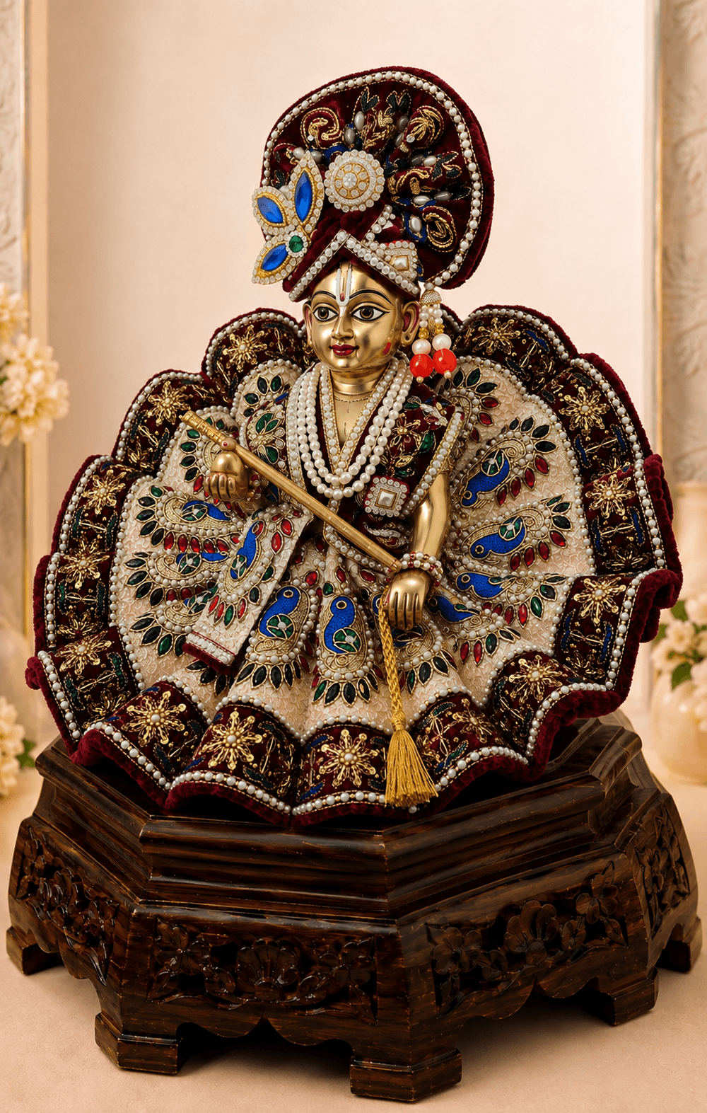 Side view of Rajsi Shyam Set Laddu Gopal Ji dress featuring burgundy and ivory fabric, intricate peacock embroidery, pearl embellishments and designer mukut