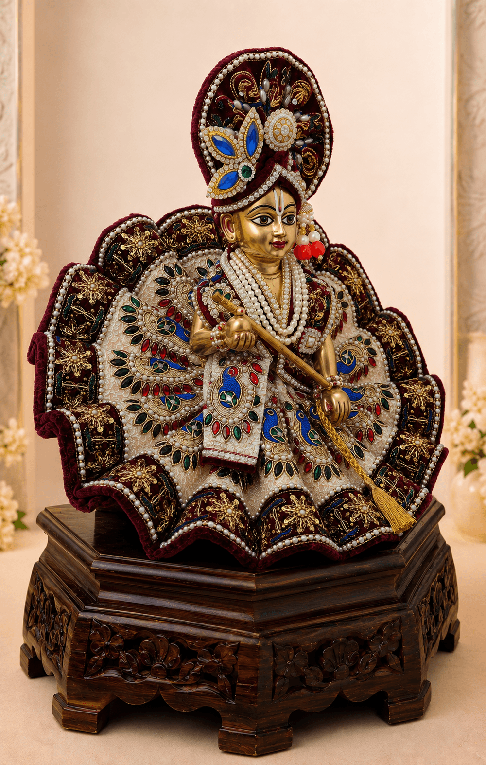 Side view of Rajsi Shyam Set premium Laddu Gopal poshak showcasing detailed peacock motifs, gold embroidery, pearl borders and handcrafted designer shringar