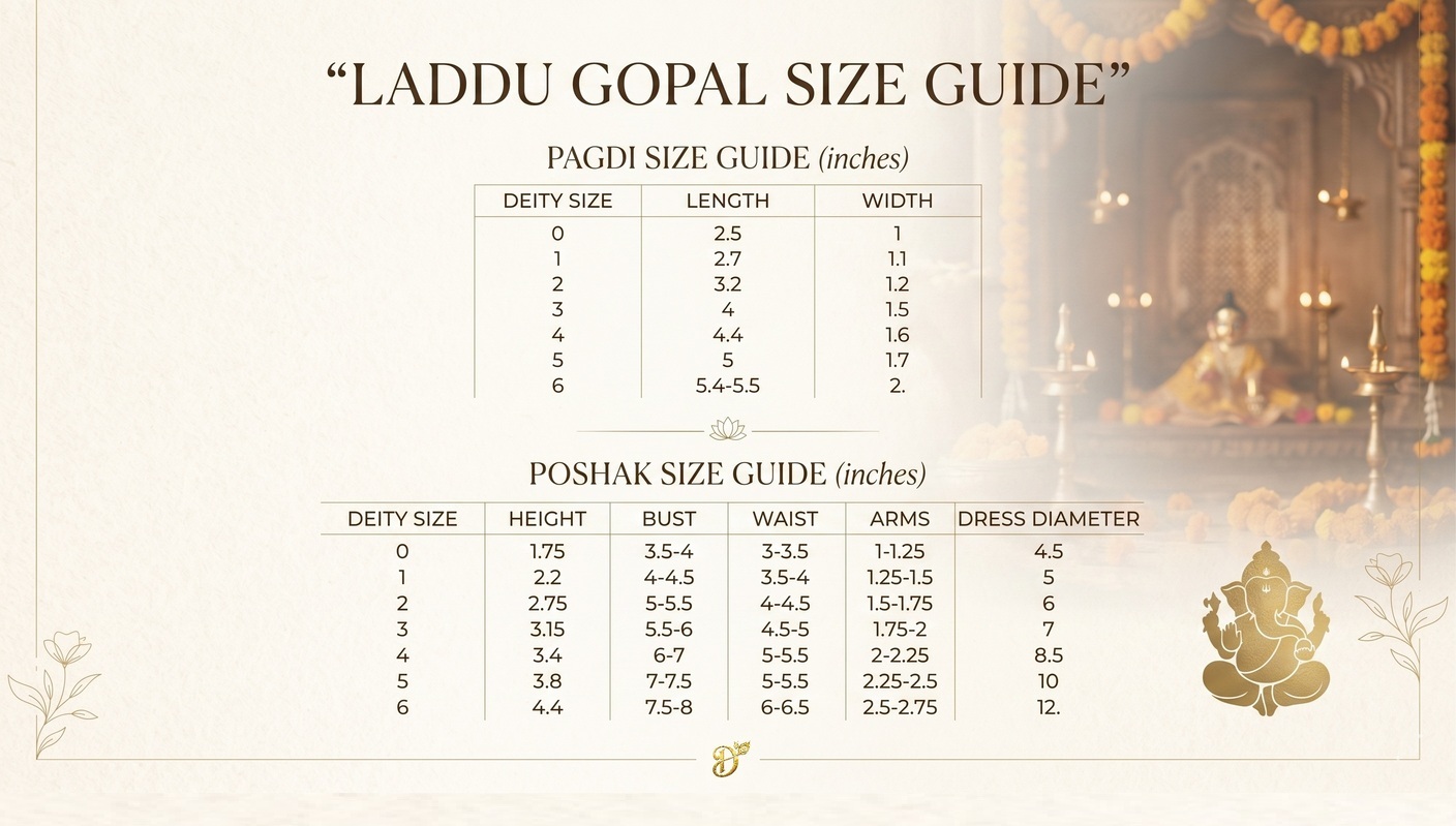 Laddu Gopal poshak size chart, complete guide for Kanha Ji dress sizing