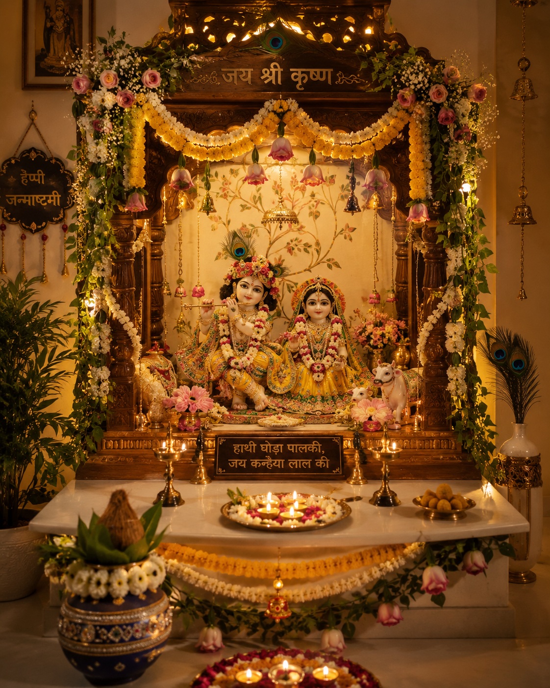 Janmashtami Laddu Gopal mandir decoration,jhula, flowers, diyas and special poshak setup