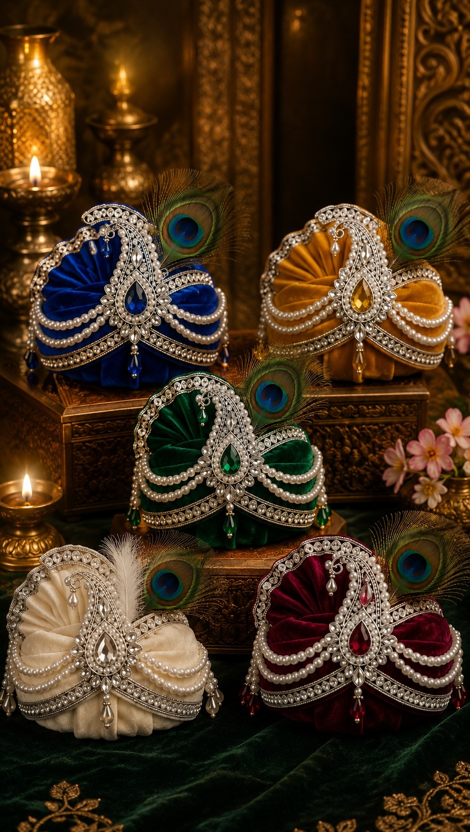 Mukut styles for Laddu Gopal and Kanha Ji, gold stone, mor pankh, kundan and silver