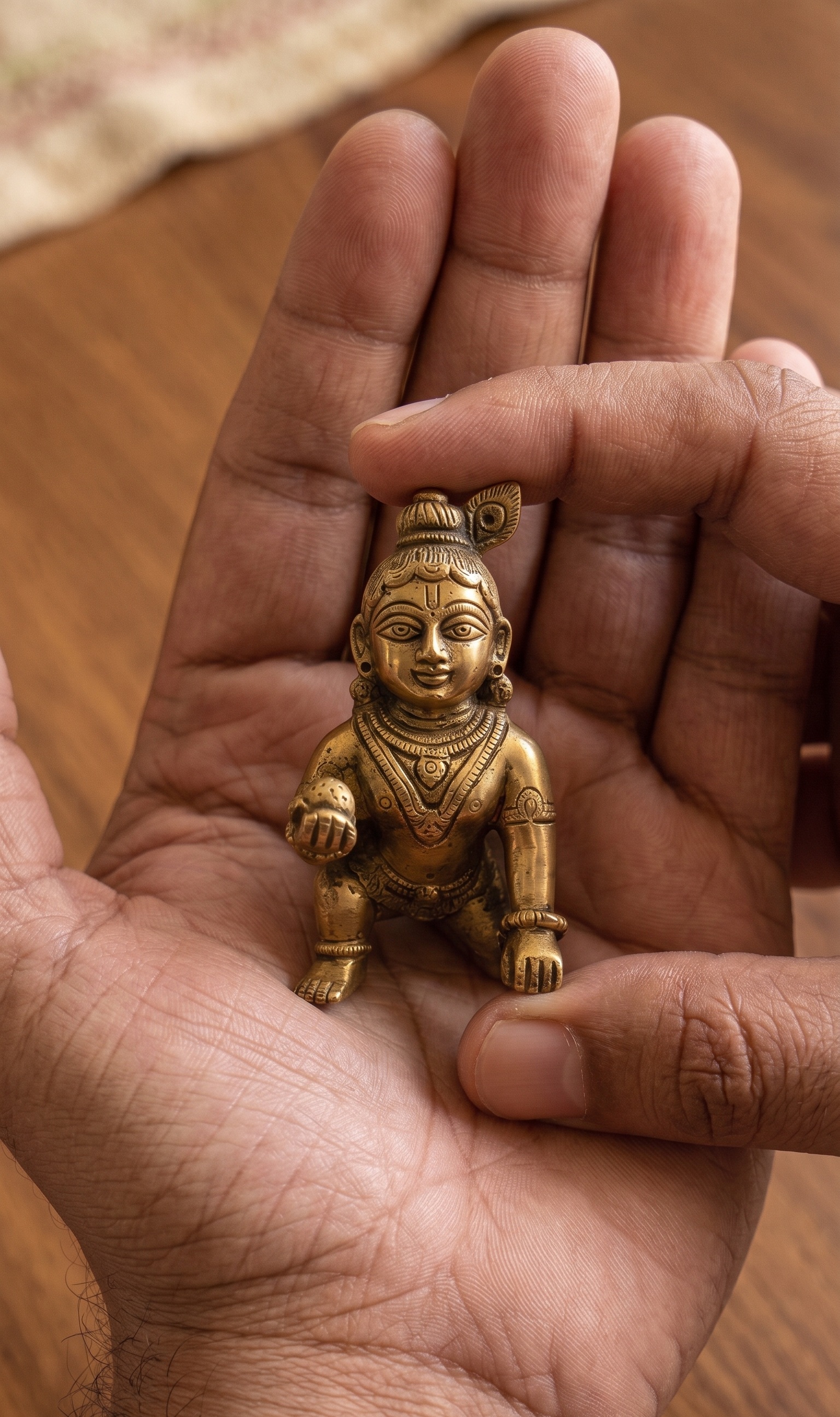 Laddu Gopal size 1 held in hand,1 inch idol human scale reference
