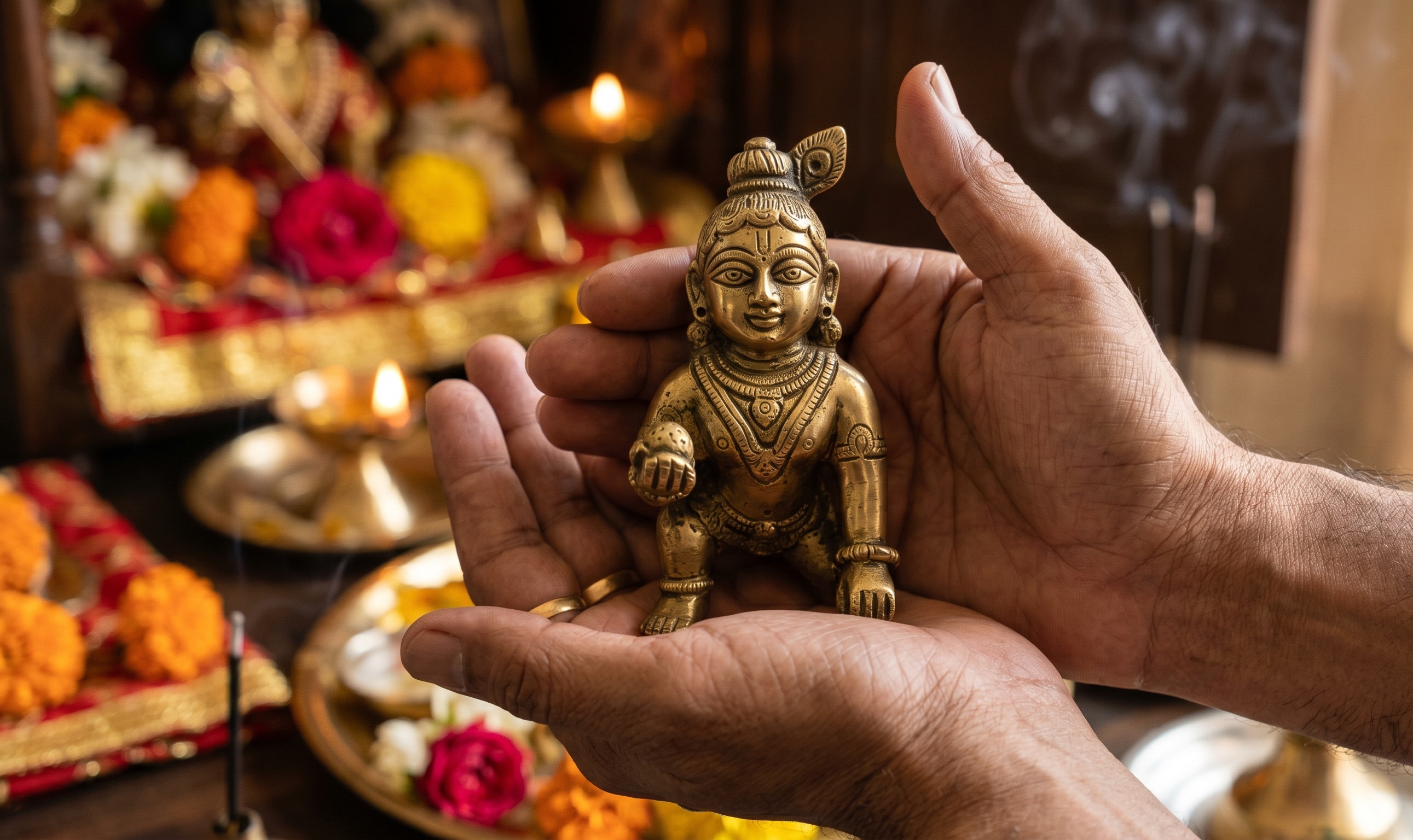 4 number Laddu Gopal size held in hand,human scale reference for 4 inch idol