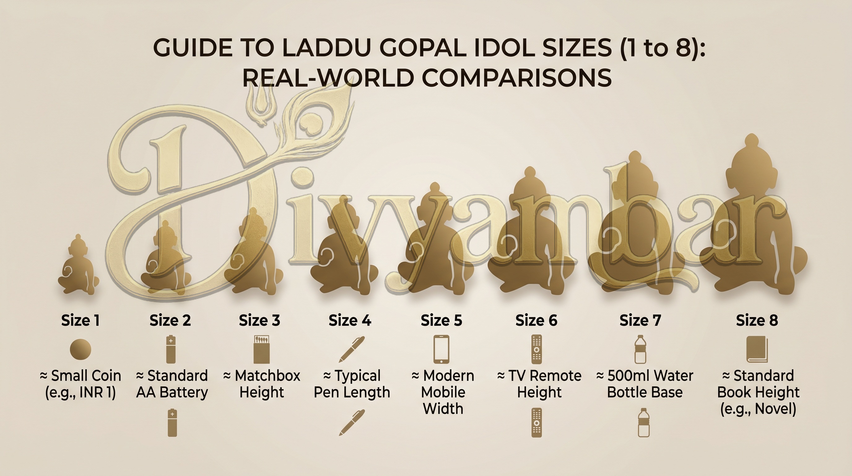 Laddu Gopal size comparison,size 1 to size 8 silhouettes side by side with inches